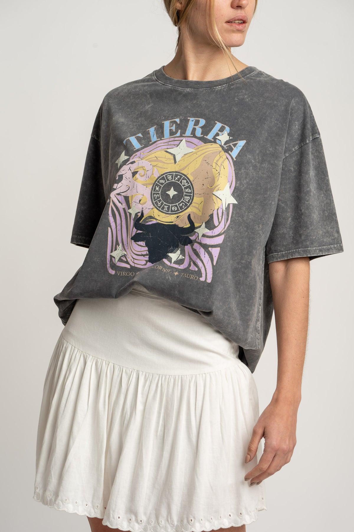 Camiseta Algodão Lavado Estampa - Cinza