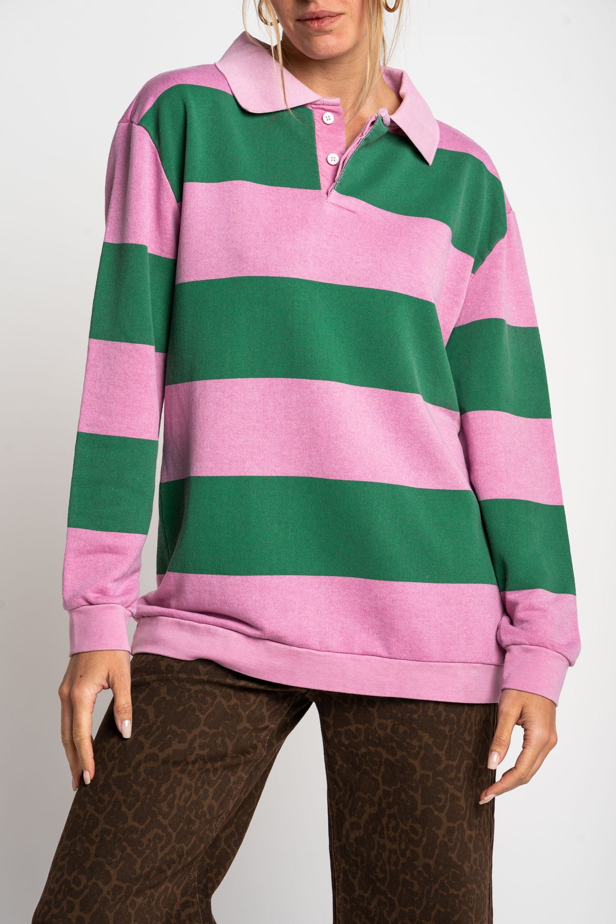 Suéter Polo Listrado - Rosa