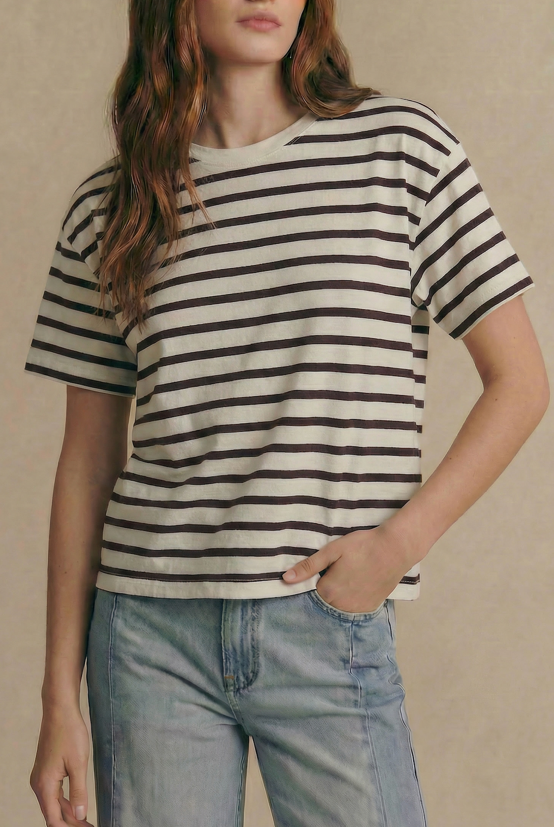 Camiseta Listrada Algodão Lavado - Marrom