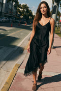 Vestido Midi Acetinado com Renda - Preto