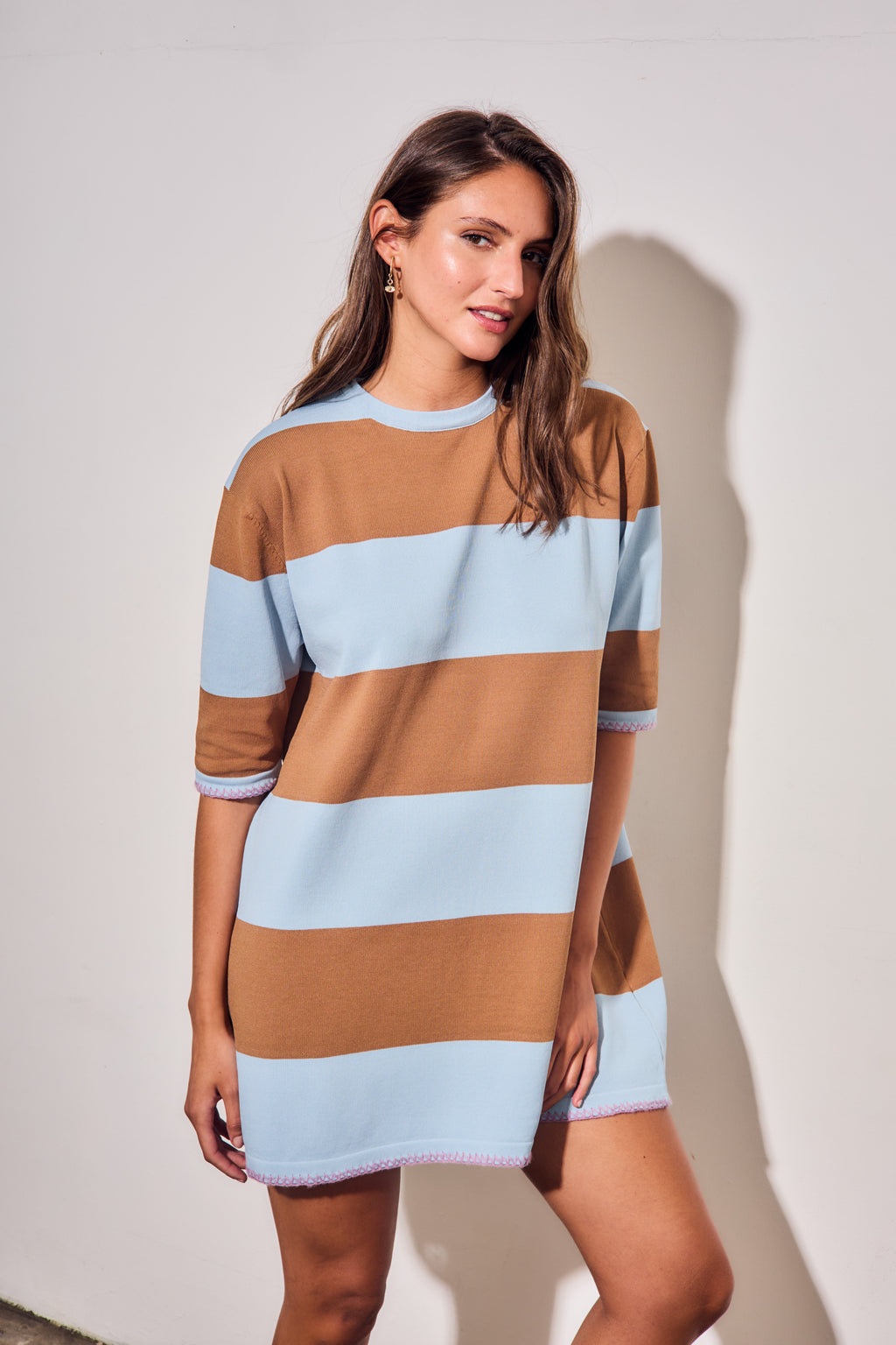 Vestido Curto de Tricô a Listras - Jeans