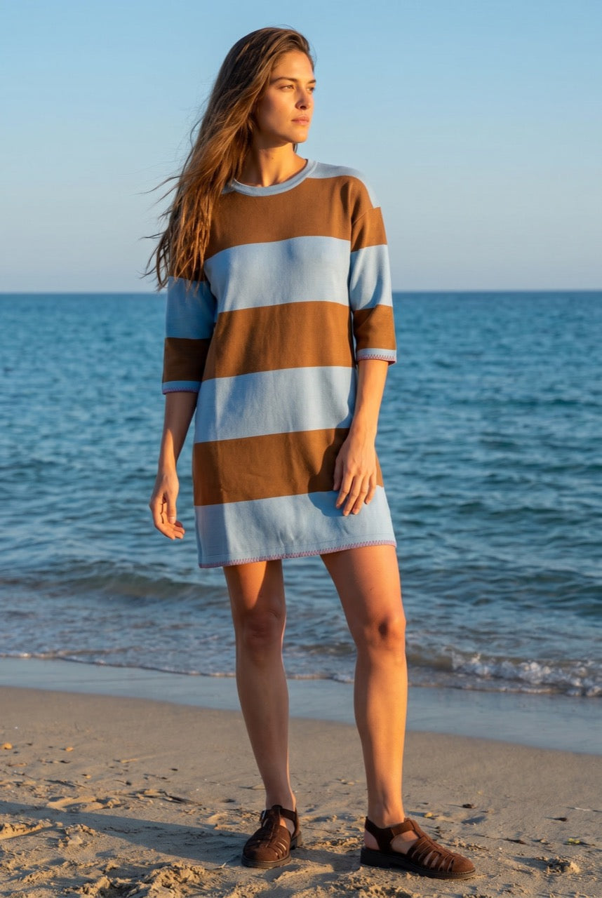 Vestido Curto de Tricô a Listras - Jeans