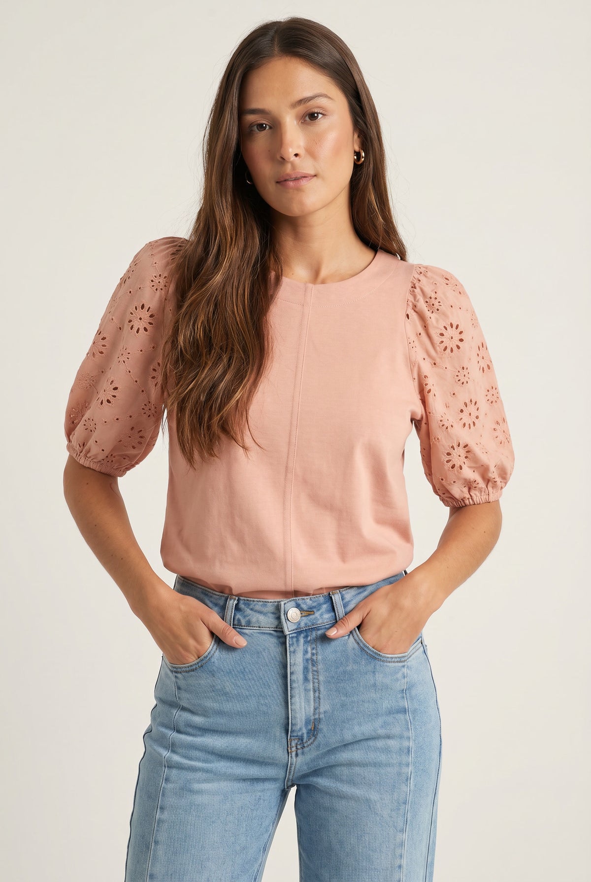 Camiseta Manga Bufante Broderie - Rosa