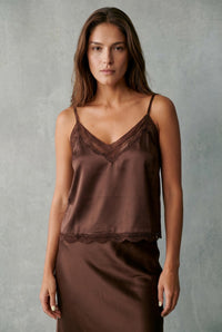 Blusa Acetinada com Renda - Chocolate