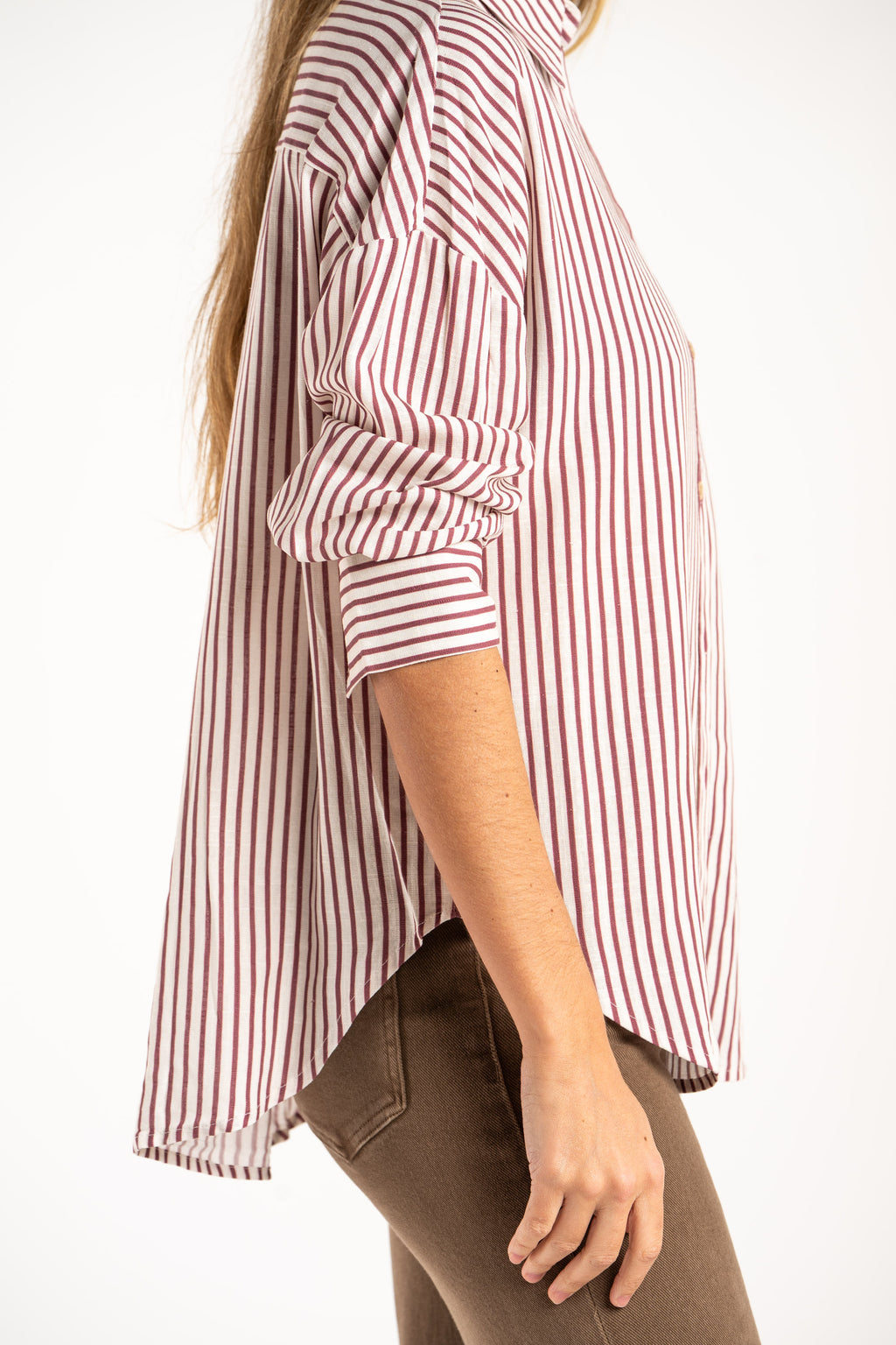 Camisa Listrada com Linho - Bordô
