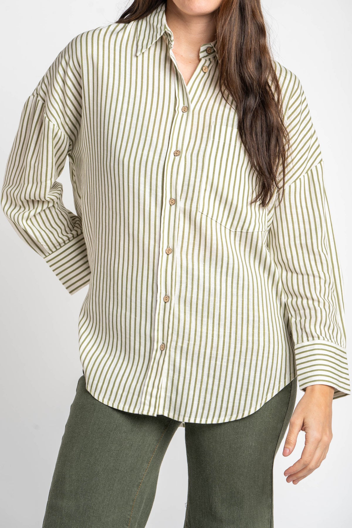 Camisa Listrada com Linho - Oliva