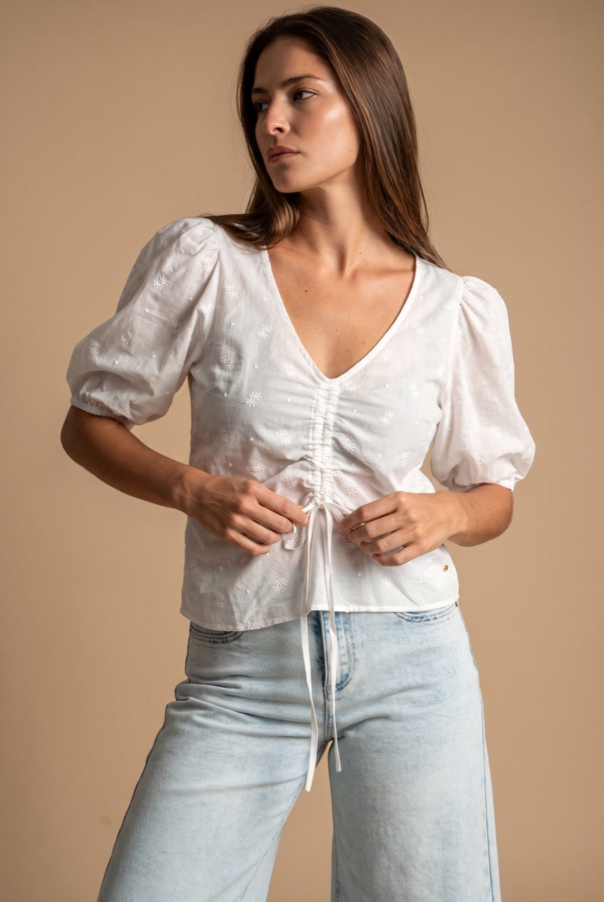 Blusa Bordada Franzido - Pérola