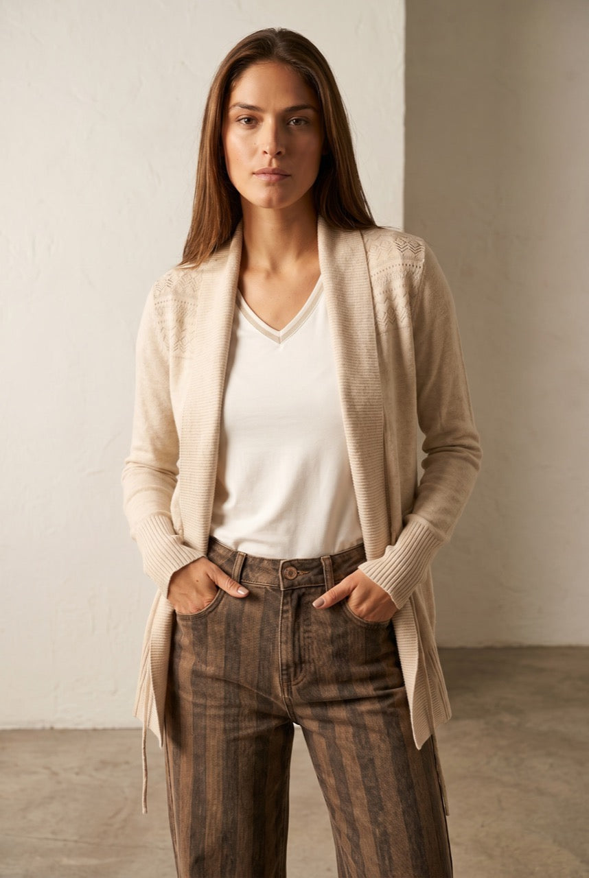 Cardigan com Lapela Bege Mescla - Lemon