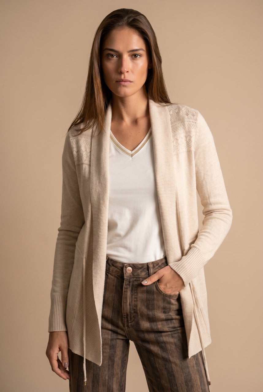 Cardigan com Lapela Bege Mescla - Lemon