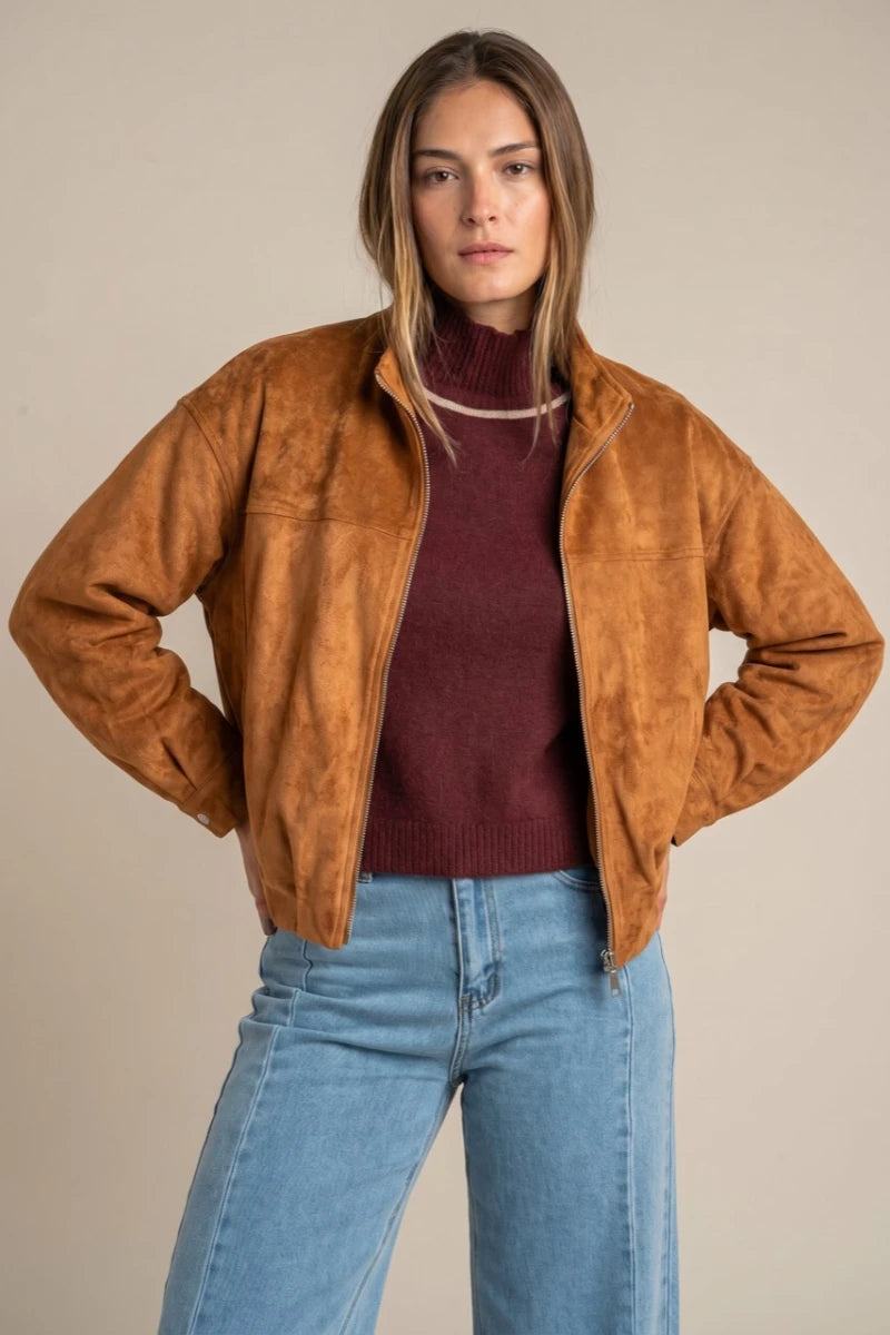 Jaqueta Bomber Vegan Couro Suede Camel