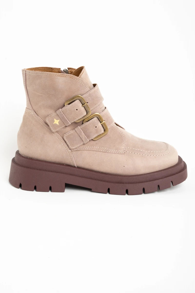 Bota de Couro com Fivelas Rosa Antigo