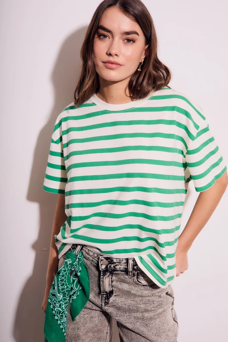 Camiseta Algodão Lavado Listrada Verde