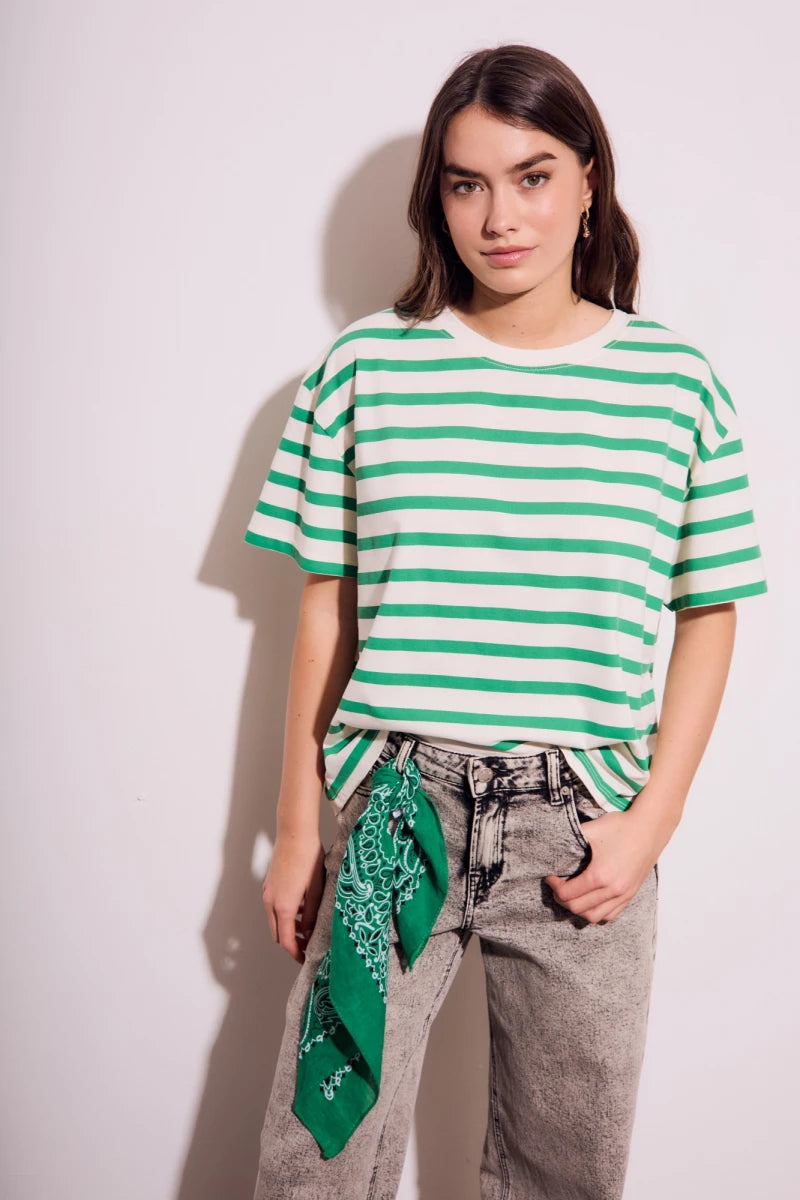Camiseta Algodão Lavado Listrada Verde