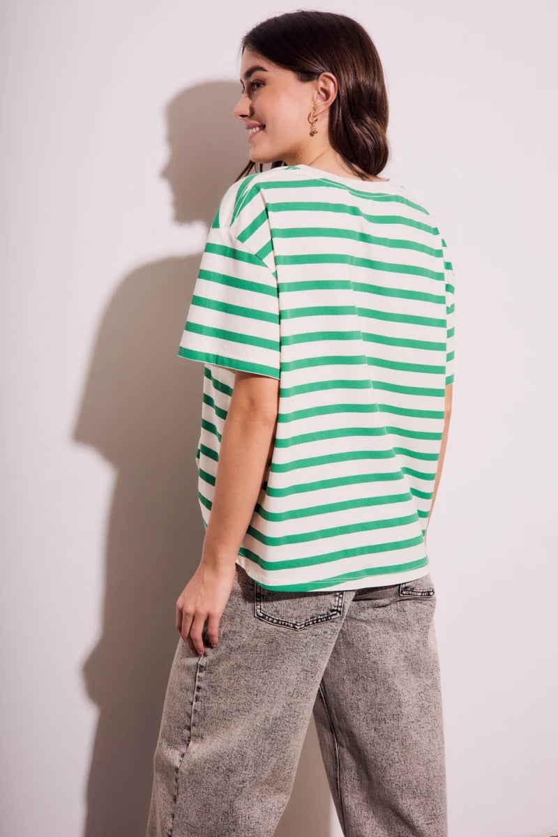 Camiseta Algodão Lavado Listrada Verde