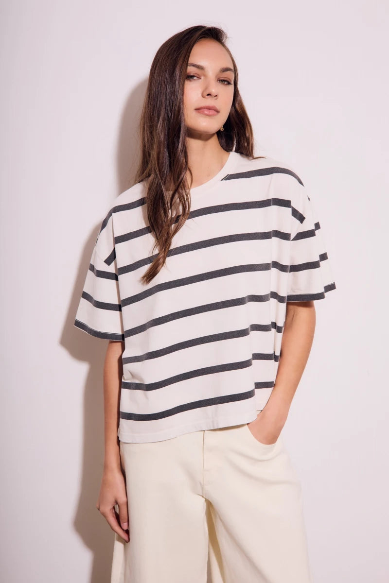 Camiseta Algodão Lavado Listras Preto