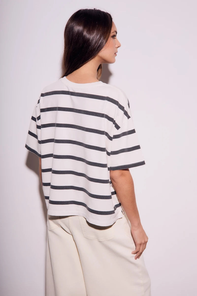 Camiseta Algodão Lavado Listras Preto