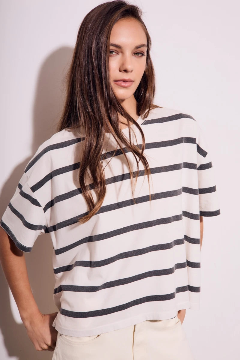 Camiseta Algodão Lavado Listras Preto