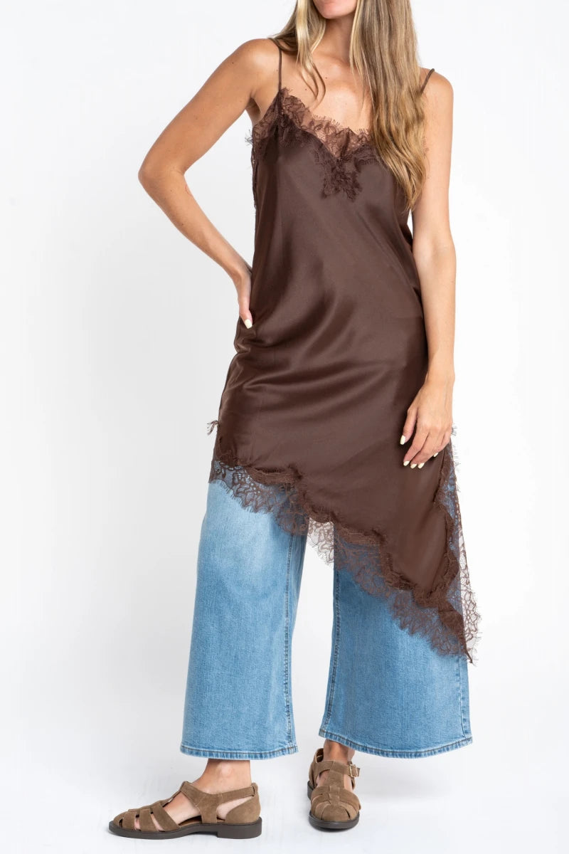 Vestido Midi de Cetim com Renda