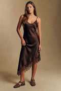 Vestido Midi de Cetim com Renda Chocolate